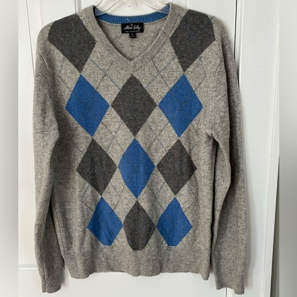 Allen Solly Men's 100% 2 Ply Cashmere Argyle V Neck Sweater M Preppy Academia - Picture 1 of 14